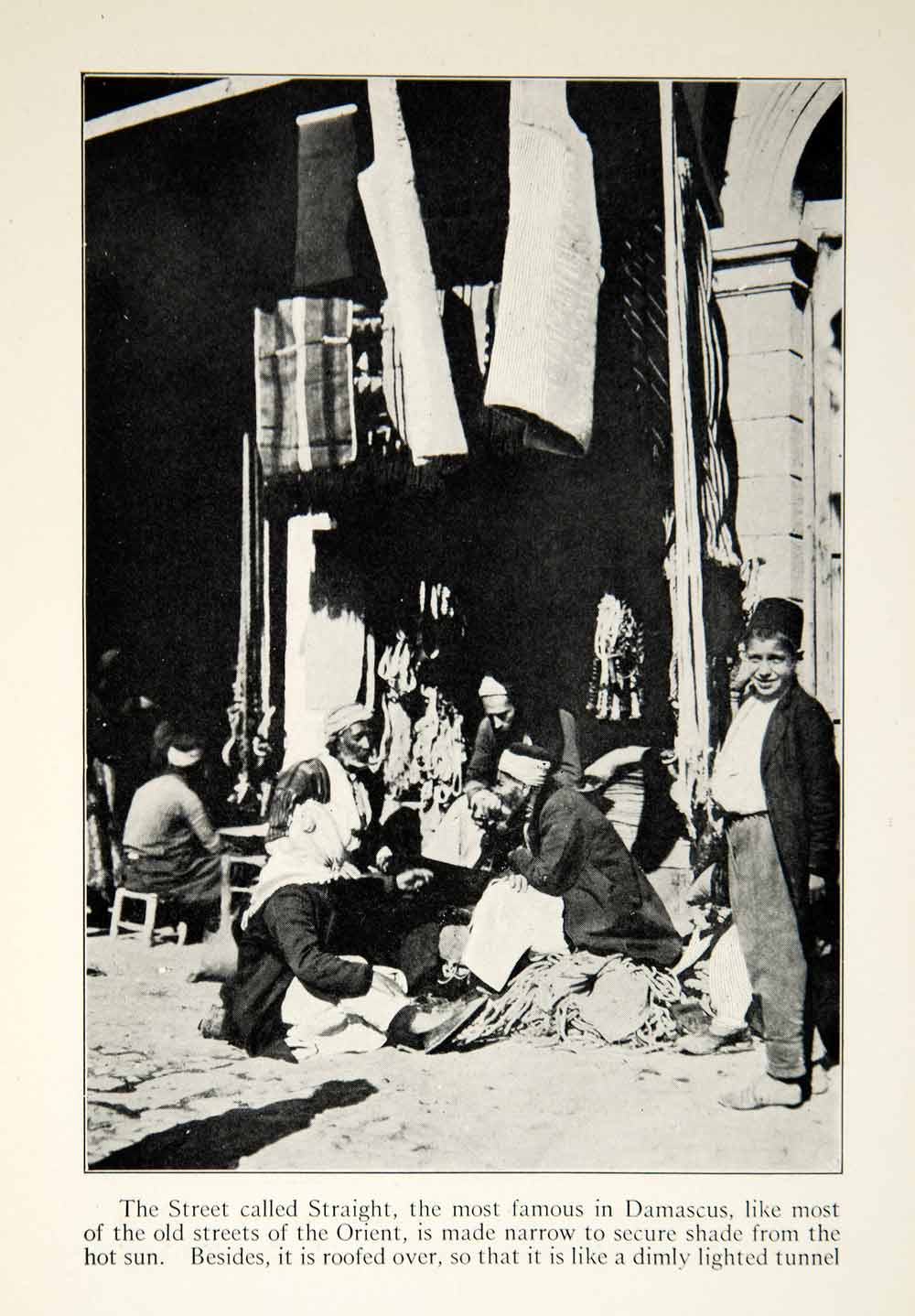 1922 Print Straight Street Scene Damascus Middle Eastern Boy Fez Vendor XGED3