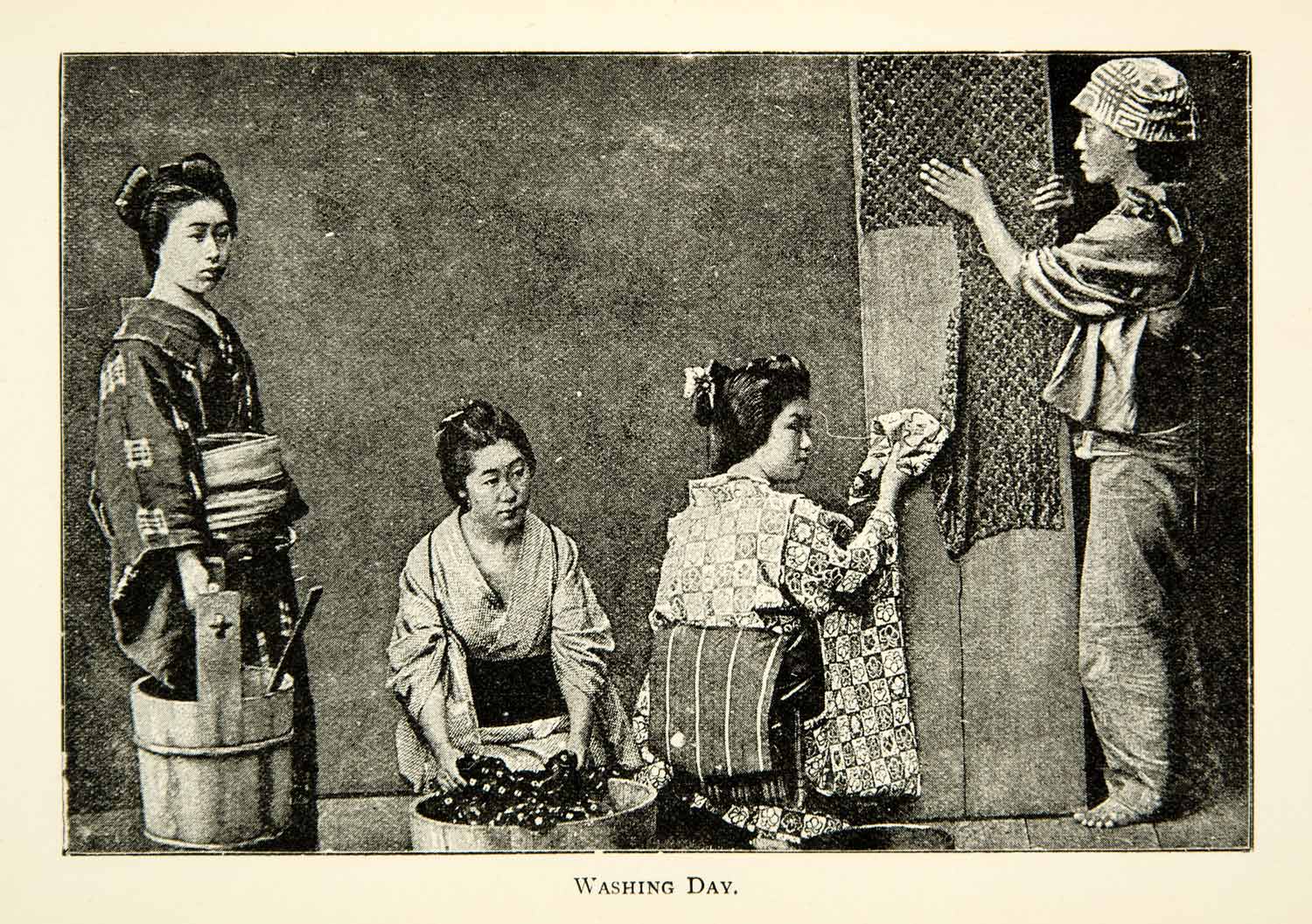 1896 Print Traditional Washing Japanese Clothing Obi Kimono Family Tub XGED4