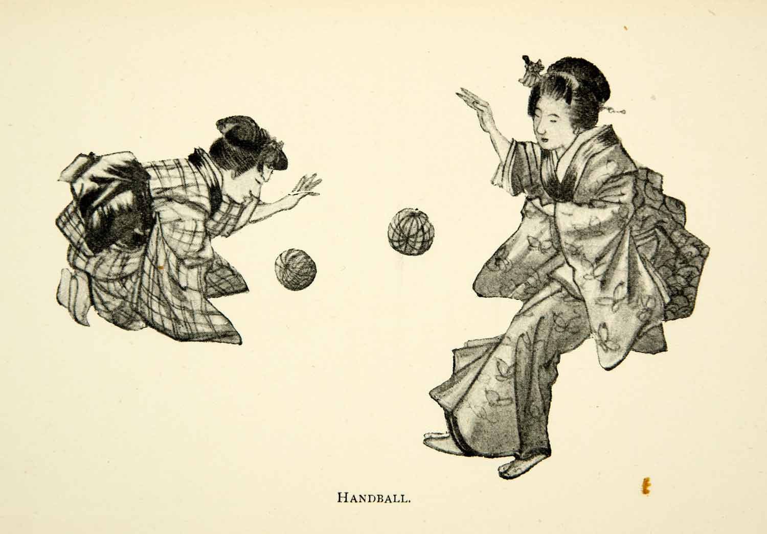 1896 Print Japanese Kimono Handball Game Girls Traditional Dress Costume XGED4