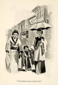 1896 Print Japanese Family Kimono Child Cityscape Umbrella Costume Fashion XGED6