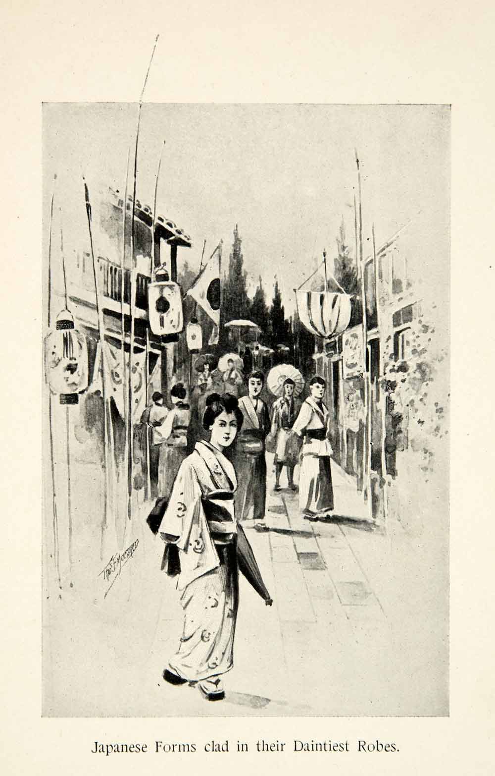 1896 Print Japanese Woman Cityscape Street Scene Kimono Traditional Wear XGED6