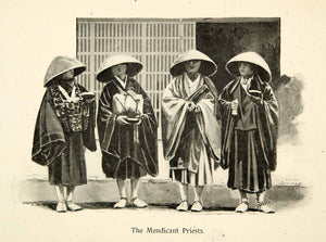 1896 Print Mendicant Priest Japan Traditional Wear Hat Costume Fashion XGED6