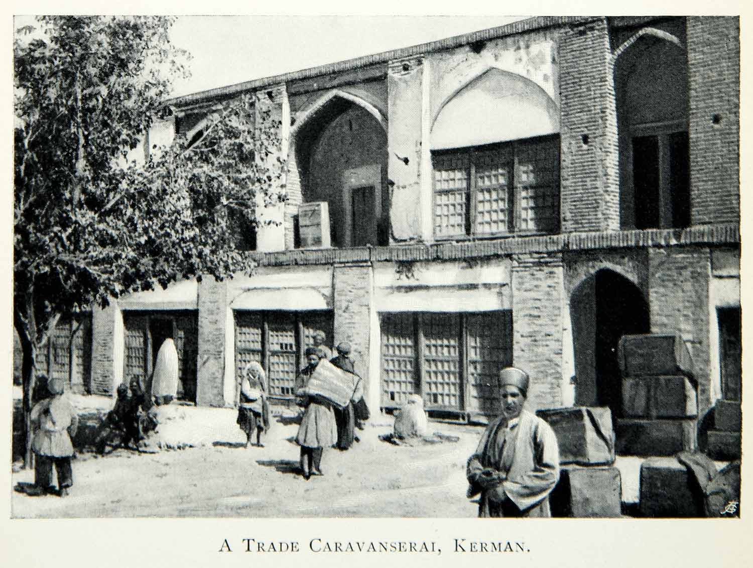 1903 Print Caravanserai Kerman Arch Street Scene Persia Iran Windows Tree XGED8