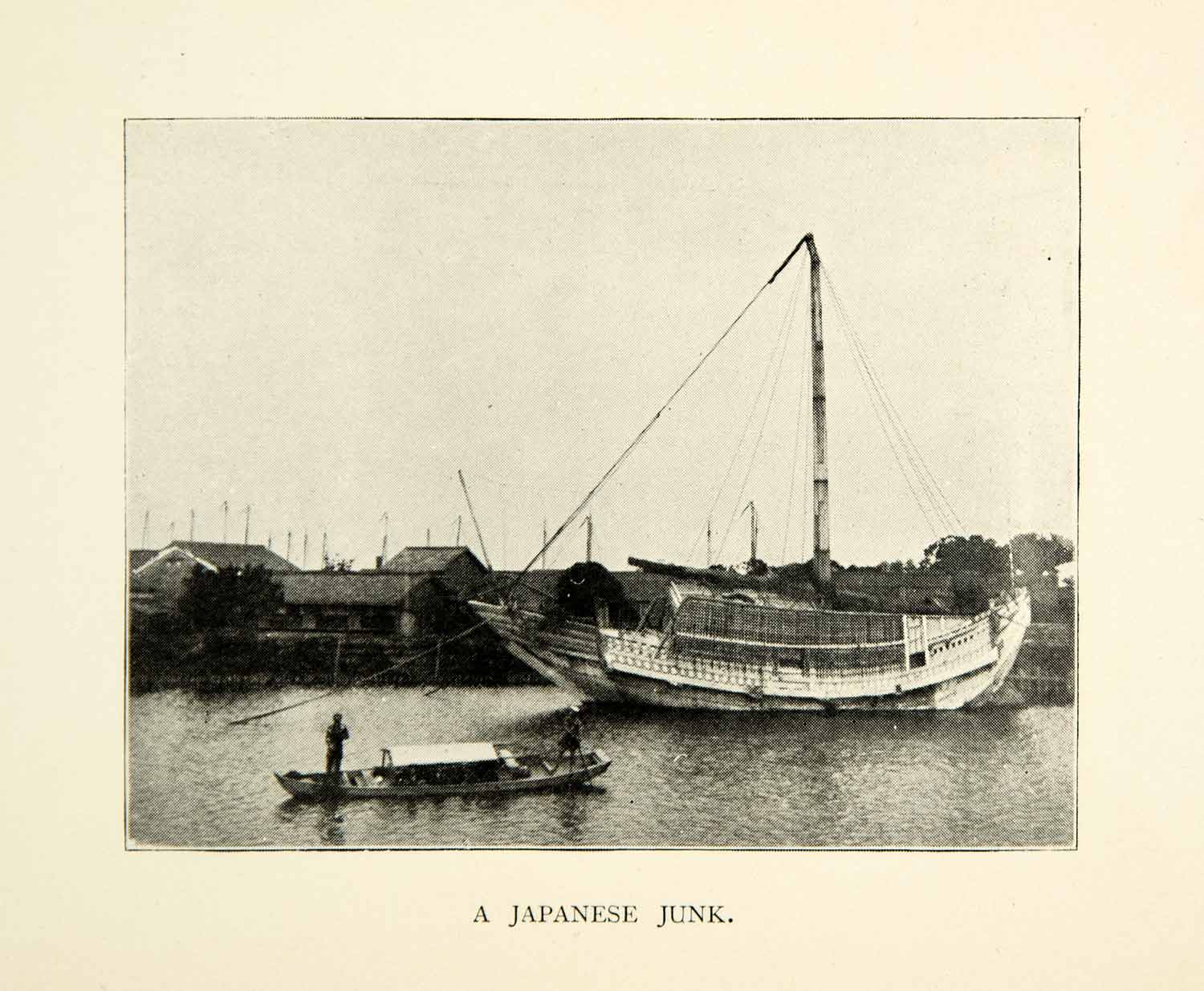 1896 Print Japanese Boat Ship Sail Ocean River Cityscape Men Float Junk XGED9
