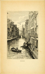 1877 Wood Engraving Amsterdam Holland Waterfront Architecture Gondola Boats XGF1