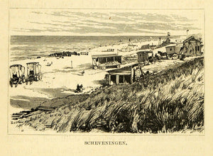 1877 Wood Engraving Scheveningen Holland Coastal Town Cityscape Beach Dunes XGF1
