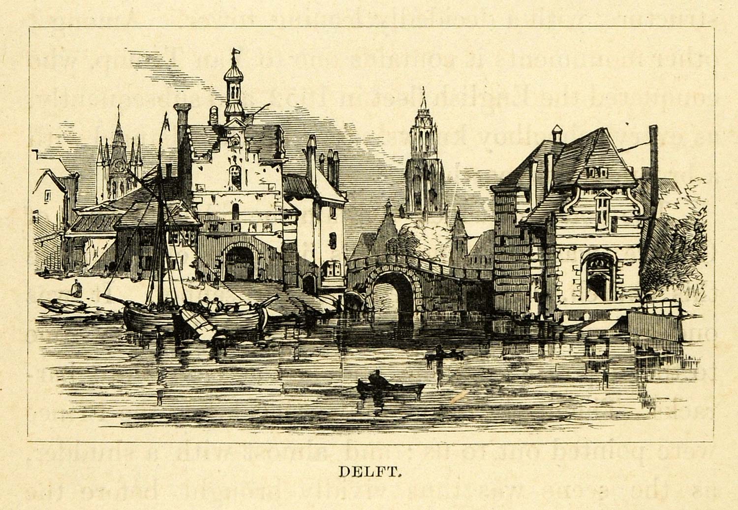 1877 Wood Engraving Delft Holland Cityscape Waterfront Architecture Ships XGF1