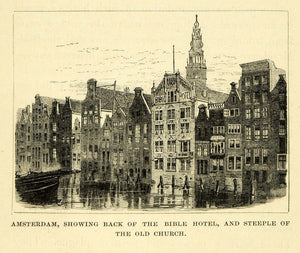 1877 Wood Engraving Amsterdam Holland Waterfront Architecture Bible Hotel XGF1