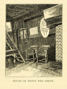1877 Wood Engraving Art Ship Sailor Peter Great House Interior Zaandam XGF1