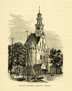 1877 Wood Engraving Art Hoofdtooren Church Holland Architecture Historic XGF1