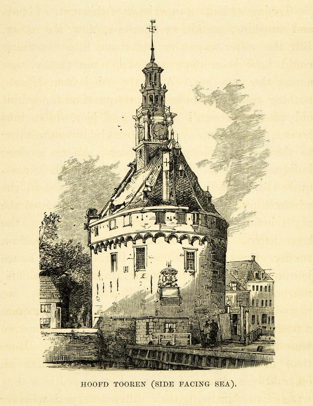 1877 Wood Engraving Art Hoofdtooren Holland Ancient Architecture Historic XGF1