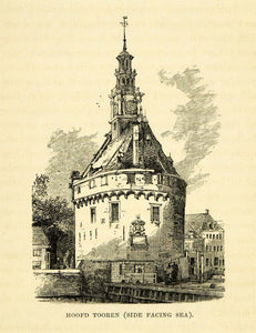 1877 Wood Engraving Art Hoofdtooren Holland Ancient Architecture Historic XGF1