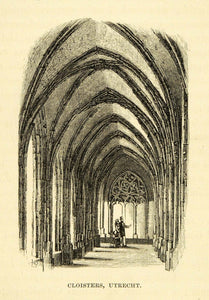 1877 Wood Engraving Art Utrecht Holland Church Interior Cloister XGF1