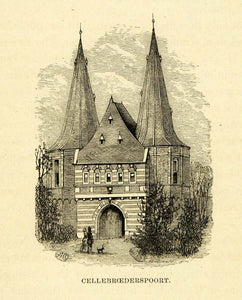 1877 Wood Engraving Cellebroederspoort Kampen Holland Historic Landmark XGF1