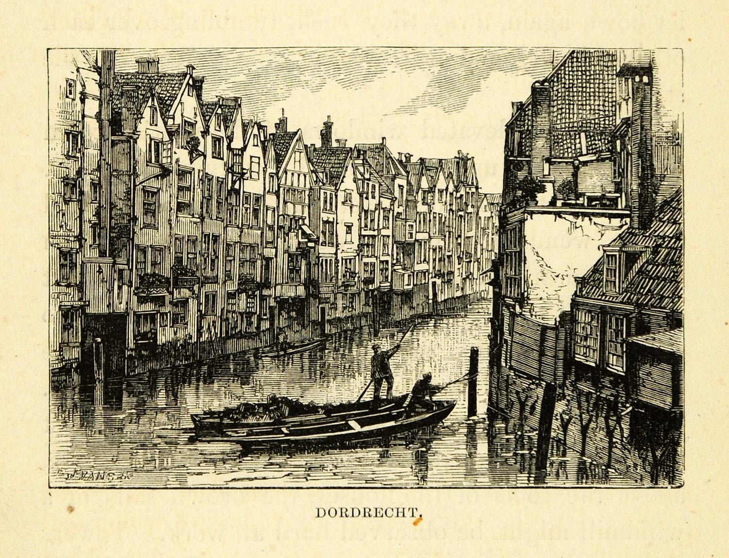 1877 Wood Engraving Art Dordrecht Holland Coastal Cityscape Boat Historic XGF1