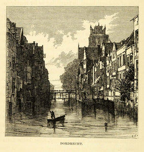 1877 Historic Wood Engraving Dordrecht Holland Coastal Cityscape Gondola XGF1