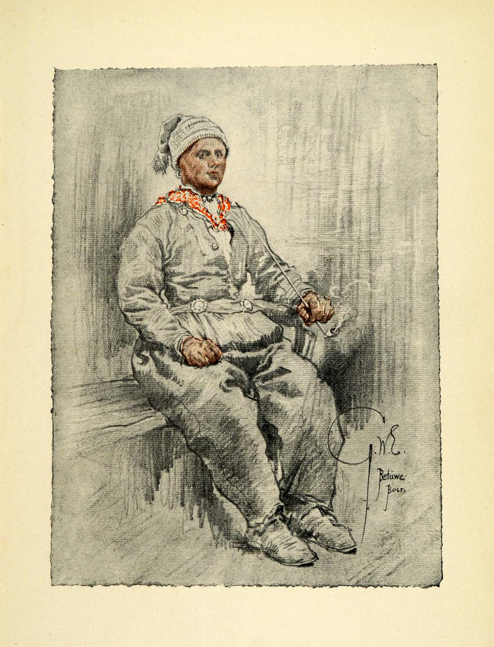 1909 Print Dutch Boer Smoking Pipe Portrait George Wharton Edwards XGF2