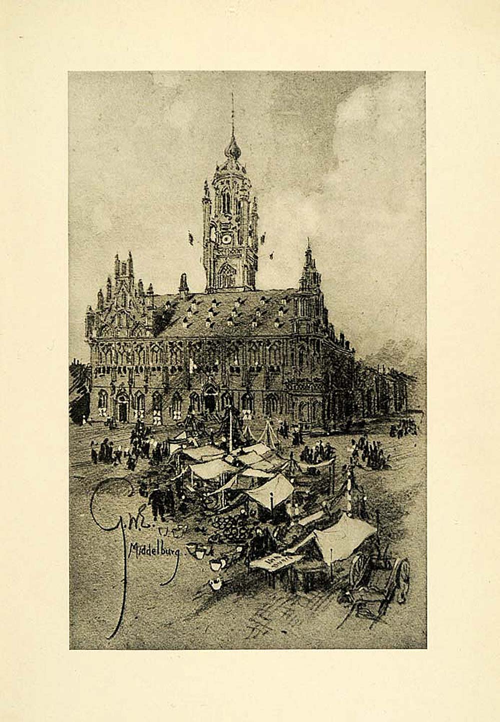 1909 Print Town Hall Middelburg Architecture Zeeland Netherlands Dutch XGF2