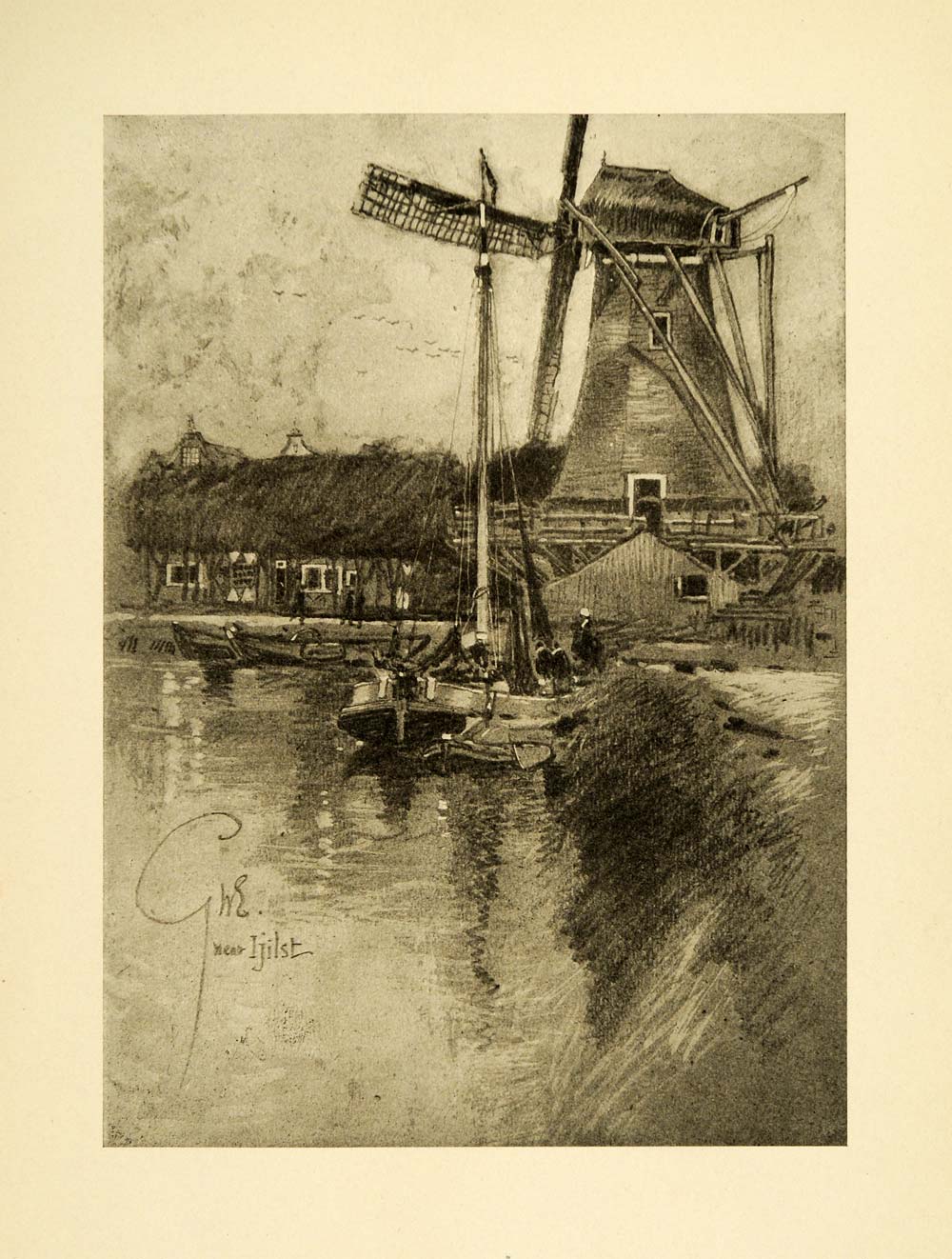1909 Print Windmill Ijilst Netherlands Harbor Coast Architecture Boat Art XGF2