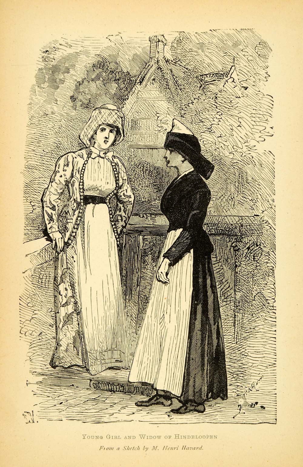 1876 Wood Engraving Hindeloopen Holland Women Cultural Dress Attire Havard XGF4
