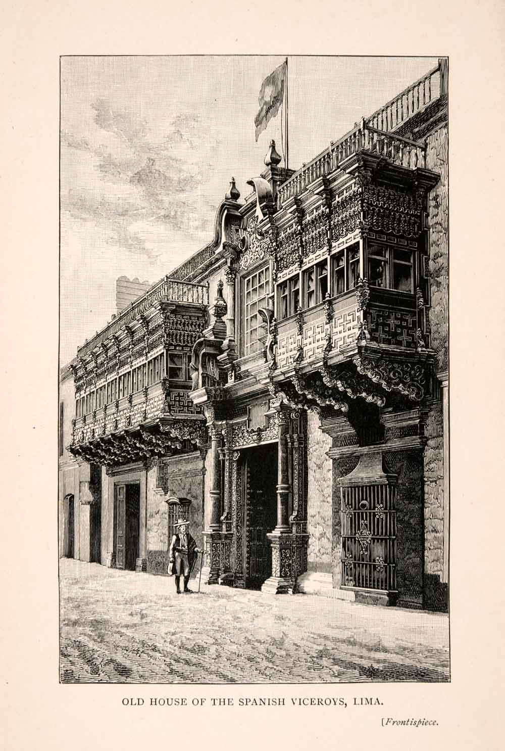 1896 Wood Engraving House Spanish Viceroys Lima Peru Architecture Art XGFA1