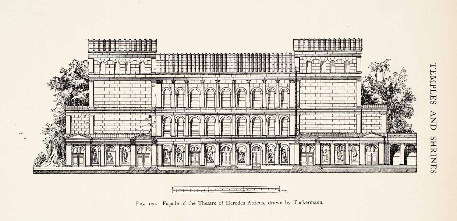 1908 Wood Engraving Theater Herodes Atticus Facade Architecture Athens XGFA2