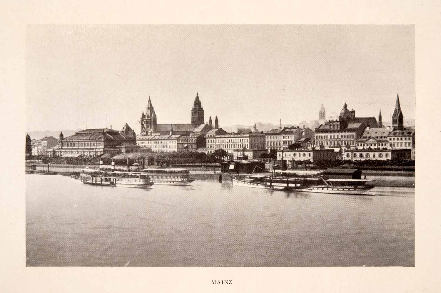 1906 Print Mainz Cityscape Mayence Rhine Skyline Boat Historical Germany XGFA3