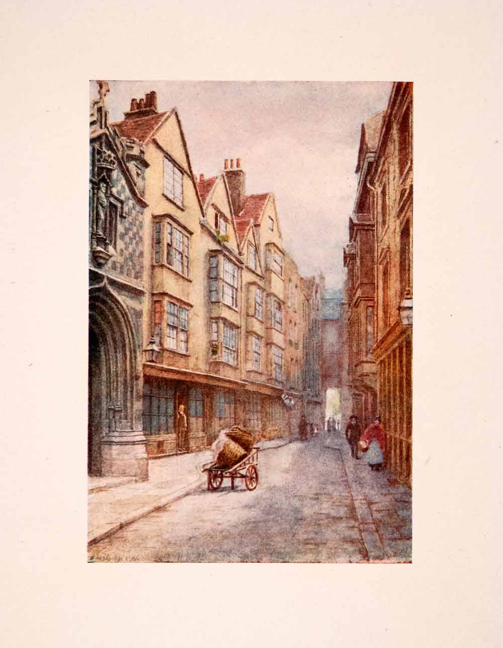 1910 Print Street Scene Cloth Fair London Cart St. Bartholomews Church XGFA6