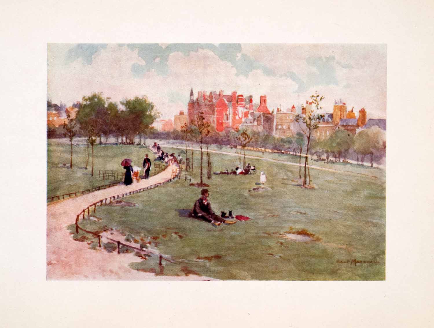 1905 Print Green Park London England Path Picnic Umbrella Tree Public XGFA7