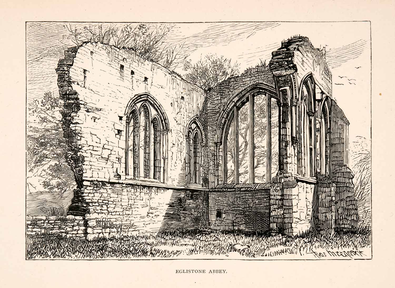 1894 Wood Engraving Eglistone Abbey Yorkshire England Historic Landmark XGFA8