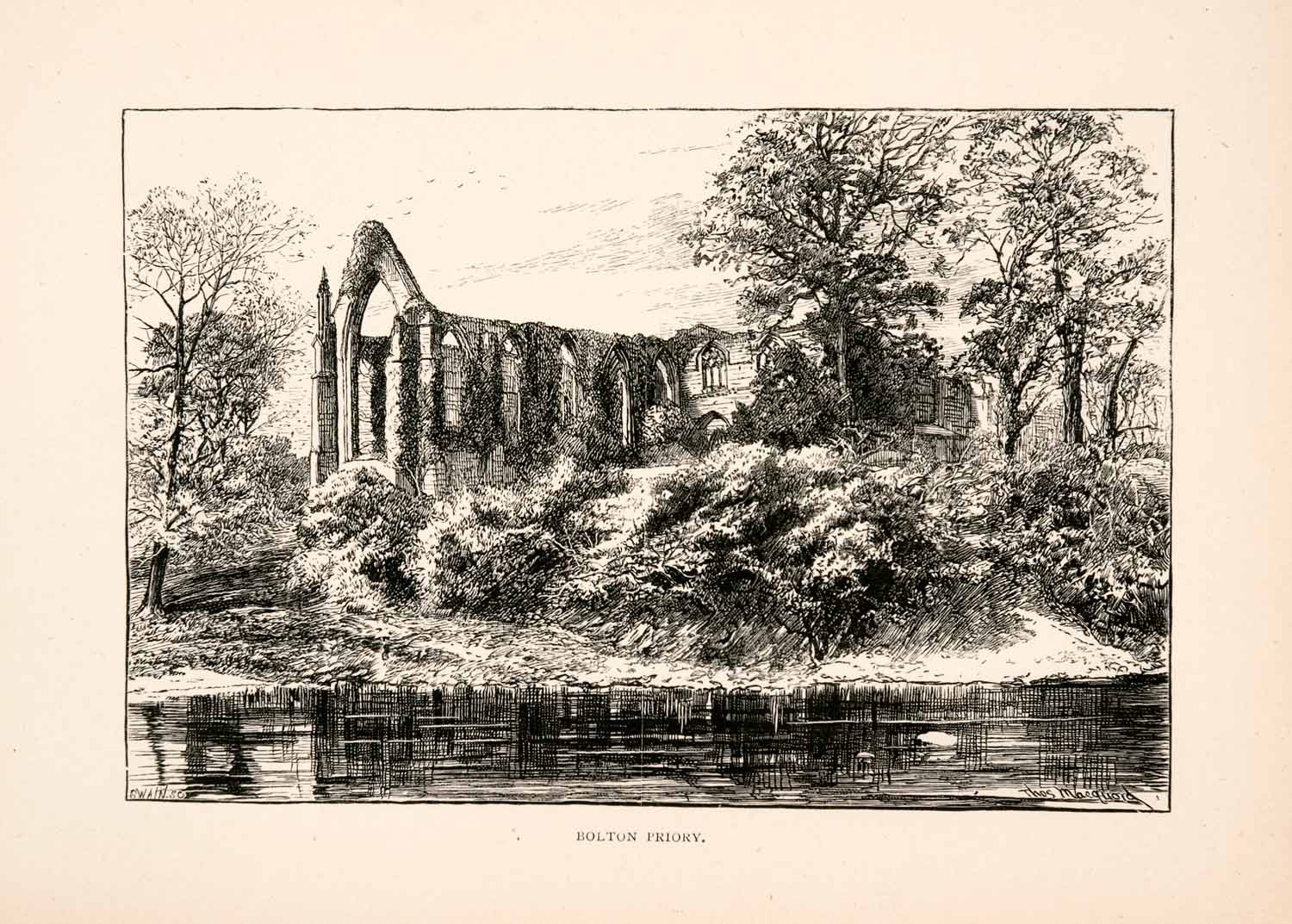 1894 Wood Engraving Bolton Priory Yorkshire England Historic Landmark XGFA8