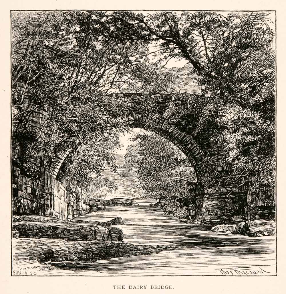 1894 Wood Engraving Dairy Bridge Yorkshire England River Rocks Trees XGFA8