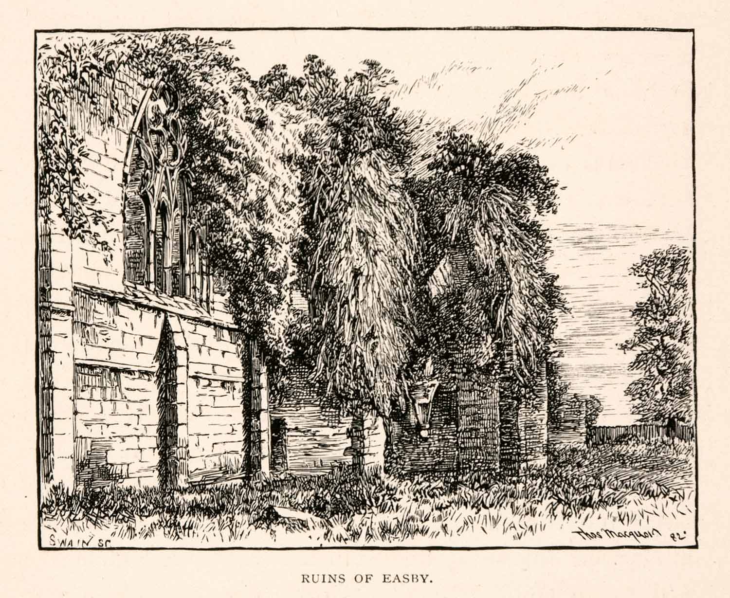 1894 Wood Engraving Ruins Easby Yorkshire England Historic Landmark XGFA8