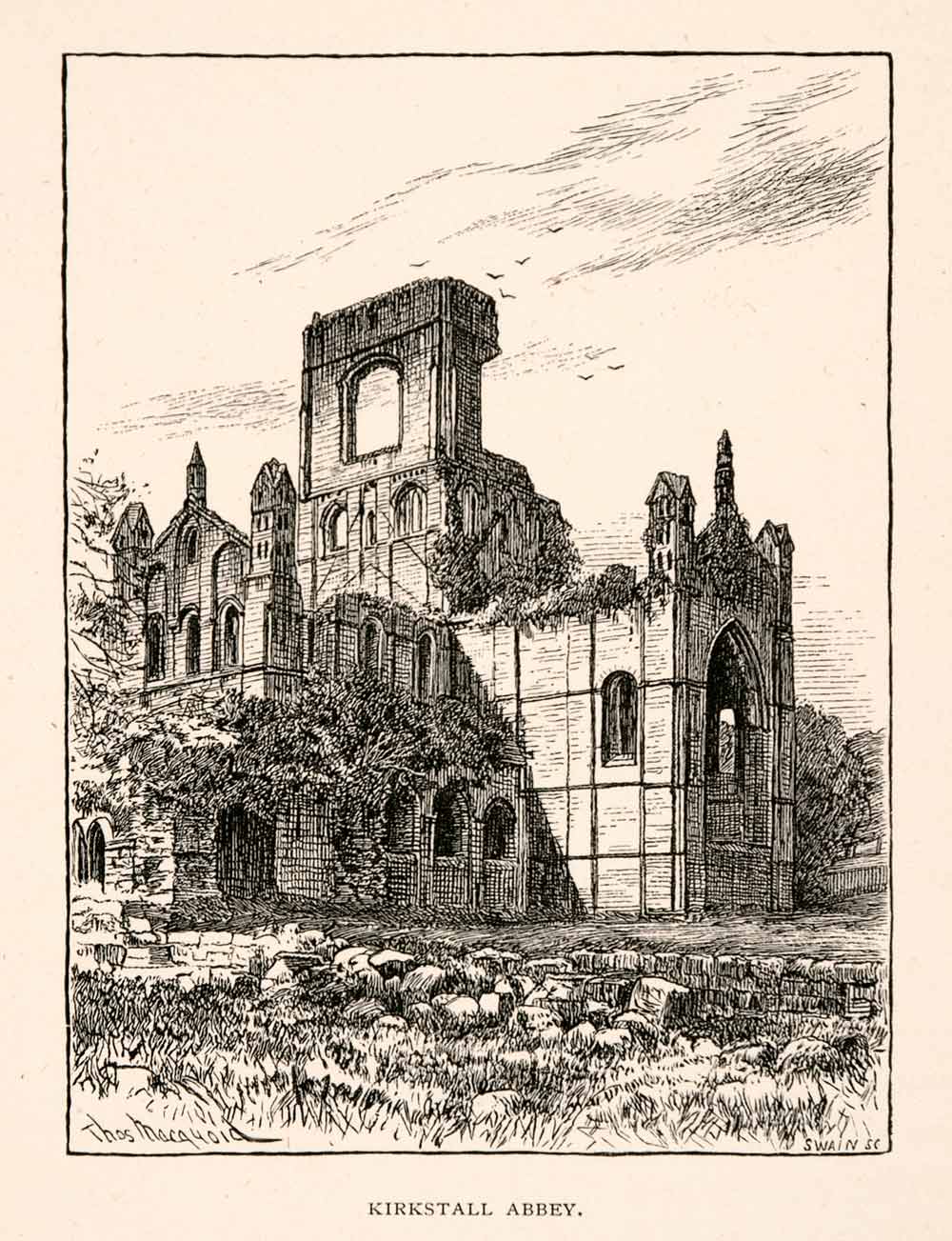 1894 Wood Engraving Kirkstall Abbey Yorkshire England Religion Historic XGFA8