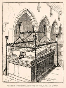 1894 Wood Engraving Tomb Robert Marmion Wife Laura St Quintin Yorkshire XGFA8