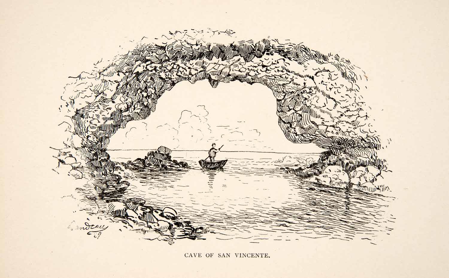 1895 Wood Engraving Cave San Vincente Waterway Landscape Boatman Mexico XGFB5