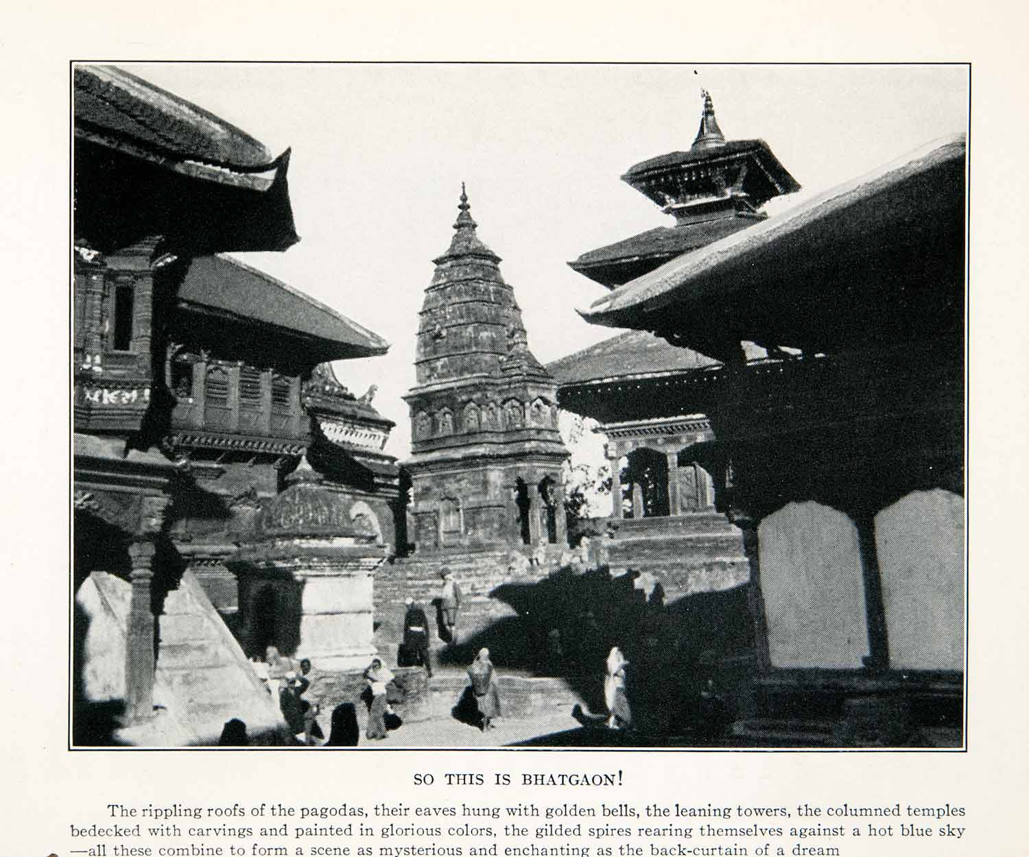 1929 Print Bhatgaon Nepal Architecture Bell Pagoda Temple Tower Carving XGFB7