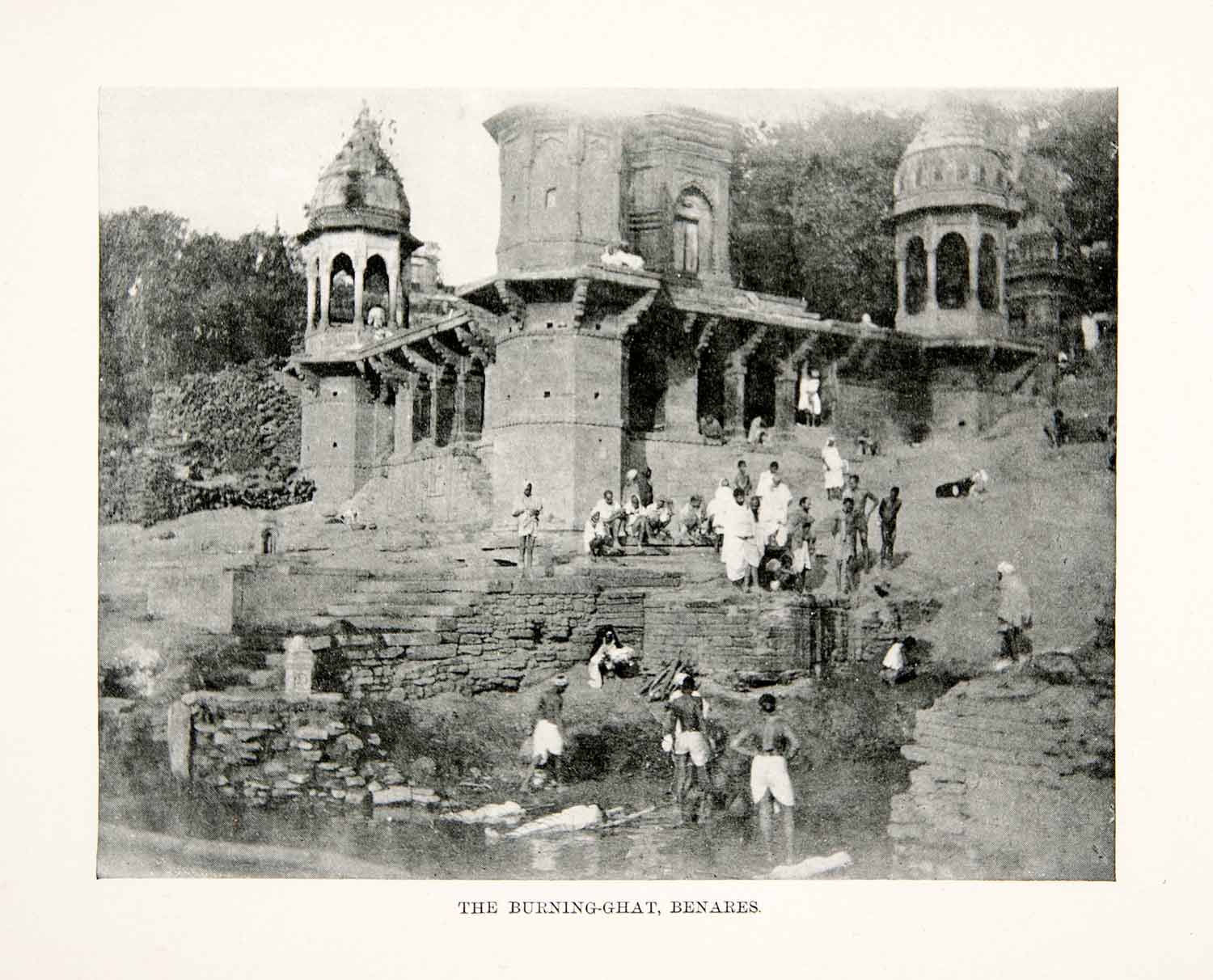 1904 Print Historic Burning Ghat Benares India Bathers River Cityscape XGFC2