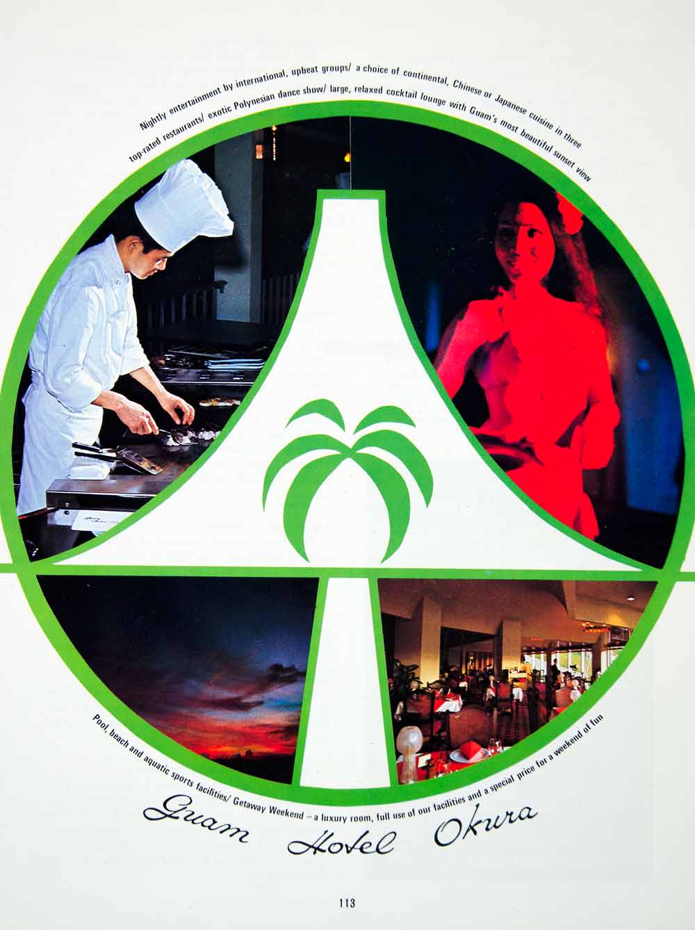1973 Ad Guam Hotel Okura Chef Polynesia Sunset Dining Dancer Lodging XGFD3