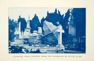 1909 Print Valparaiso Chile Earthquake 1906 Cemetery Damage Tombstones XGFD8