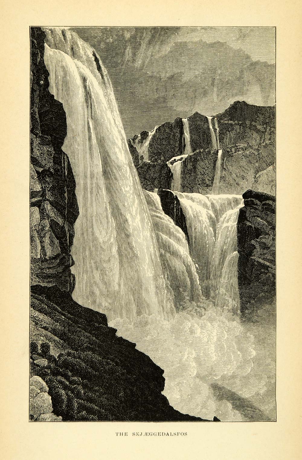 1886 Wood Engraving Skjaeggedalsfos Skjeggedal Norway Norge Waterfall XGG2