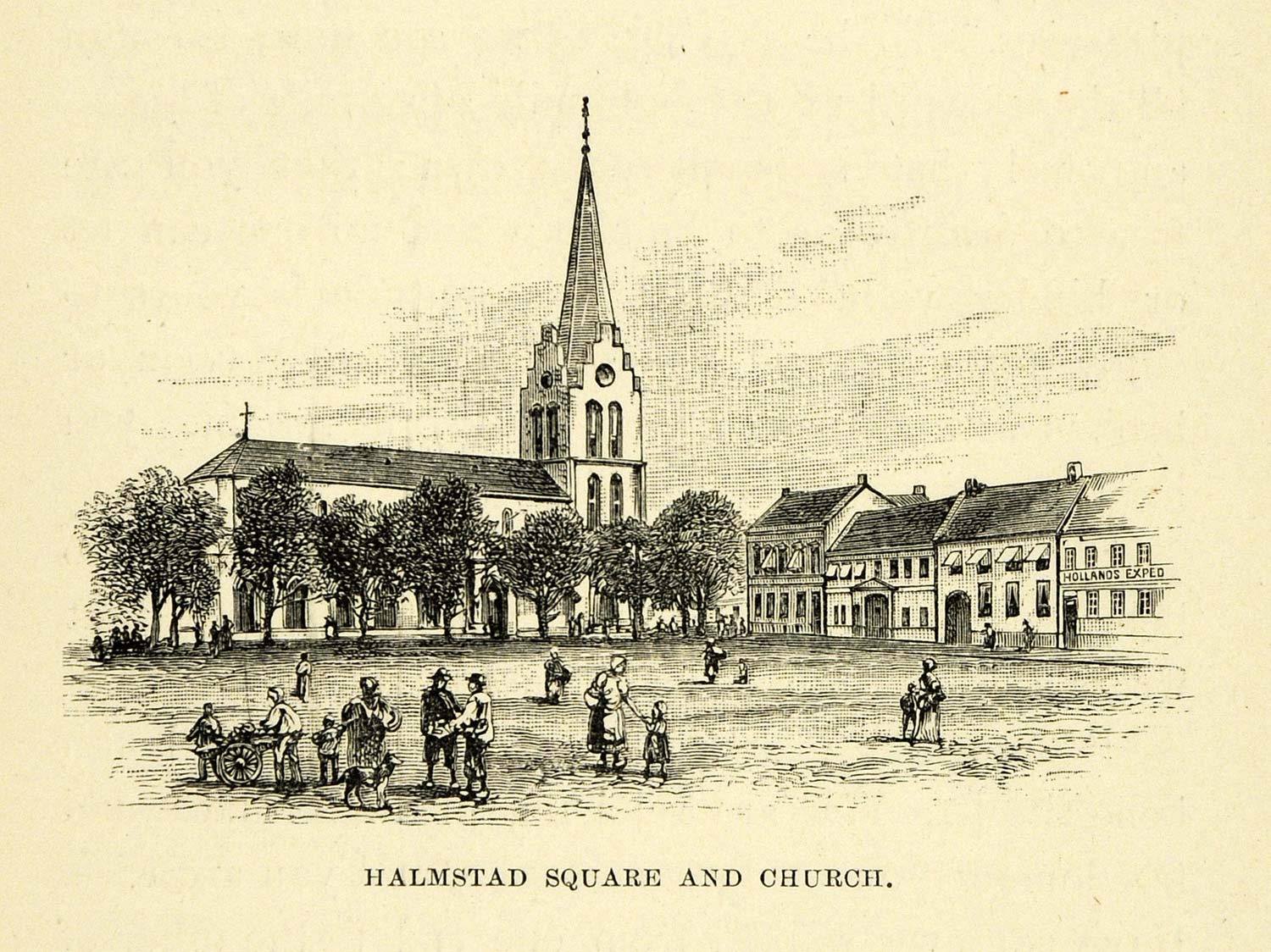 1886 Wood Engraving Halmstad City Square Church Sweden St. Nikolai Sverige XGG2