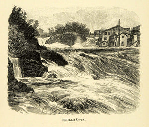 1886 Wood Engraving Trollhatta Sweden Sverige Waterfall Falls Home XGG2