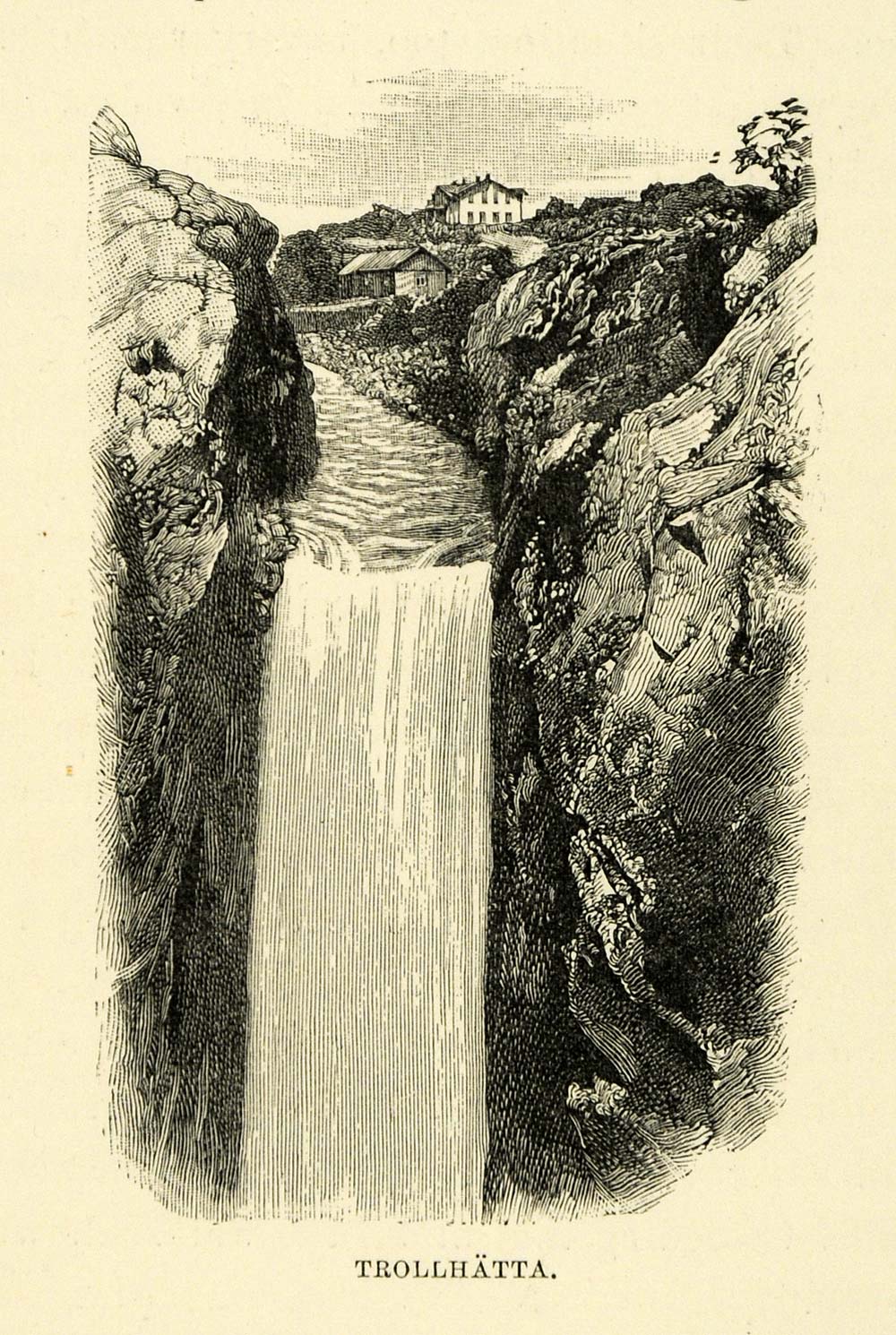 1886 Wood Engraving Trollhatta Waterfall Landscape Gota Sweden Sverige Art XGG2