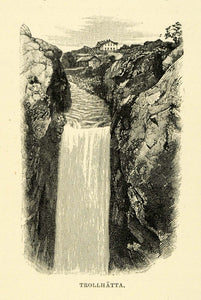 1886 Wood Engraving Trollhatta Waterfall Landscape Gota Sweden Sverige Art XGG2