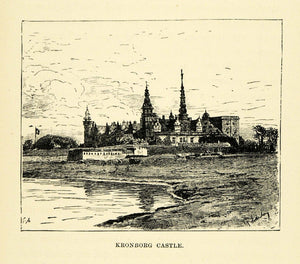 1886 Wood Engraving Kronborg Castle Fortress Elsinore Castle Helsingor XGG2