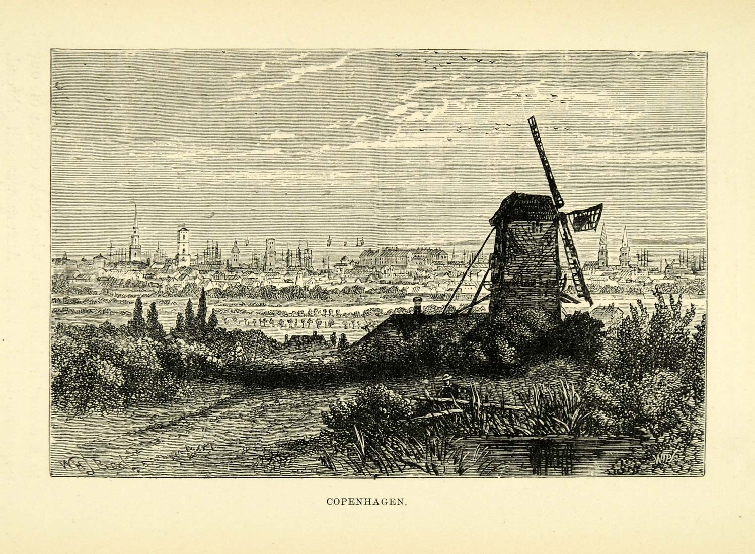 1886 Wood Engraving Windmill Copenhagen Denmark Danmark Cityscape Coast XGG2