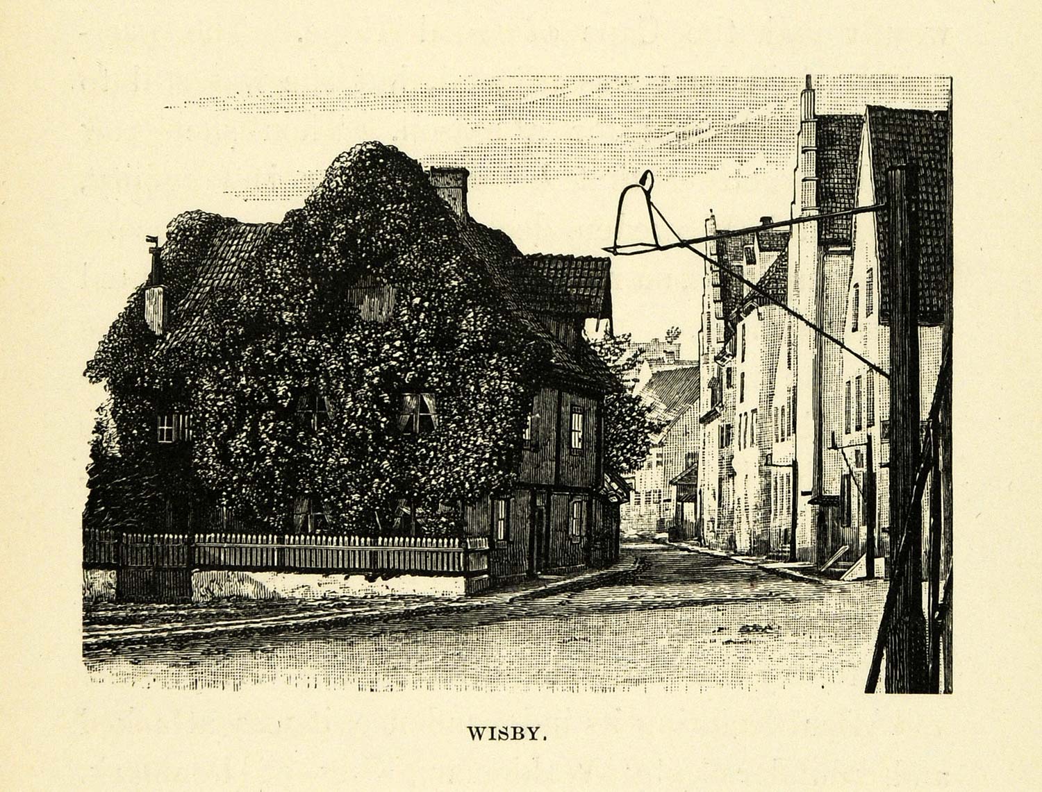 1886 Wood Engraving Wisby Visby Sweden Sverige Street Medieval City XGG2