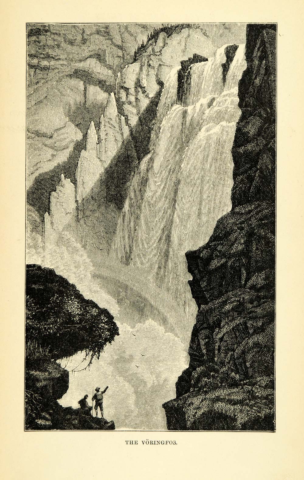 1886 Wood Engraving Voringfos Waterfall Landscape Norway Norge Scandinavia XGG2