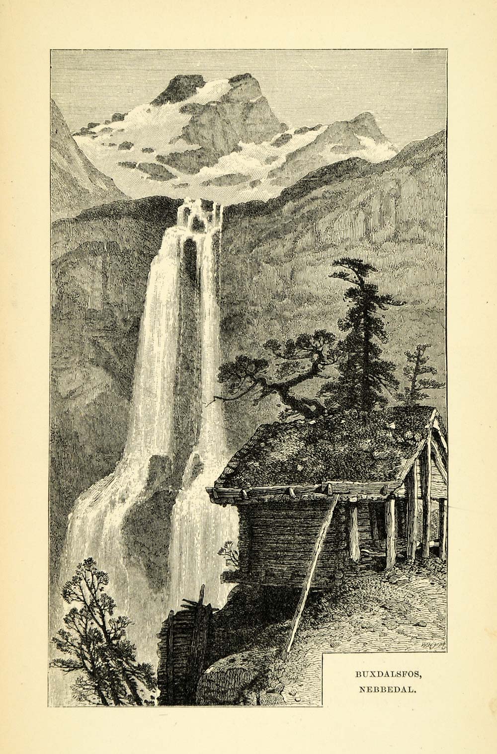 1886 Wood Engraving Buxdalsfos Nebbedal Waterfall Norway Nordic Mountain XGG2